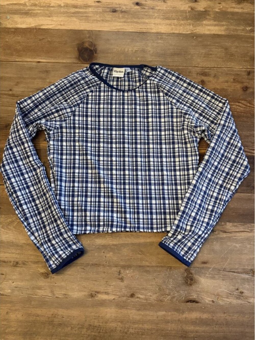 Rhythm Long Sleeve Crop Surf Top Navy Check Size L FP Movement